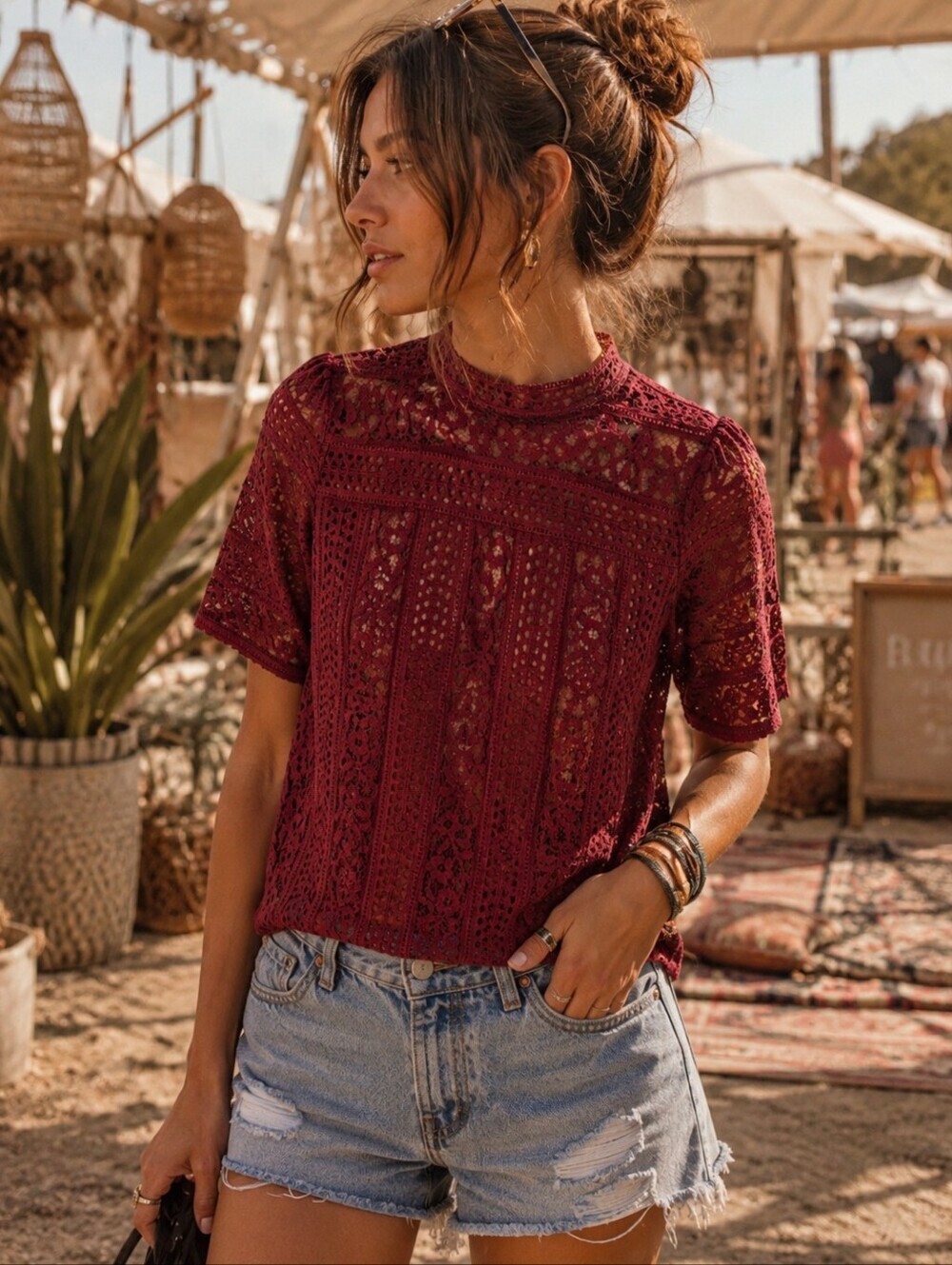 ✨ LOFT Burgundy Lace Mock Neck Top ✨